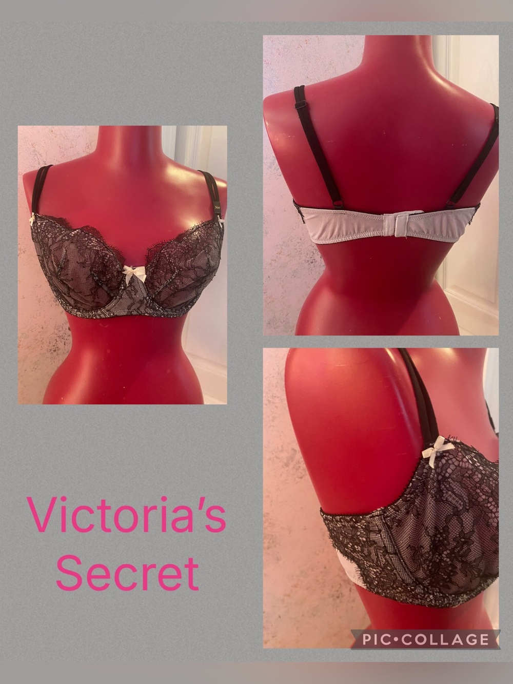 Victoria’s Secret unlined Demi bra black and pink lace with pink bow detail bra